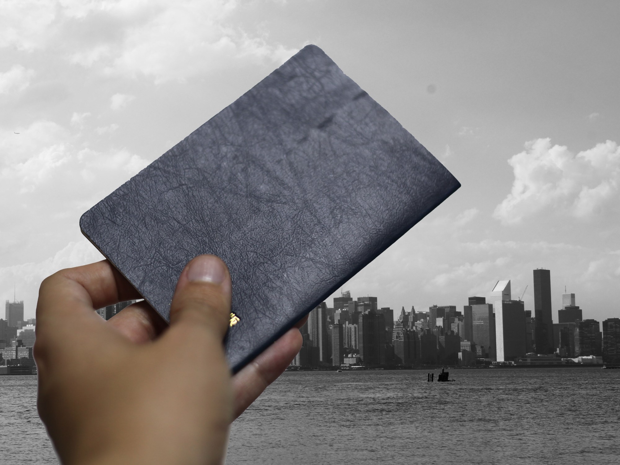 A hand holding out a passport